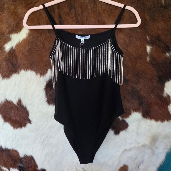 Cloud Ten Tops - Black Bodysuit with Silver Fringe